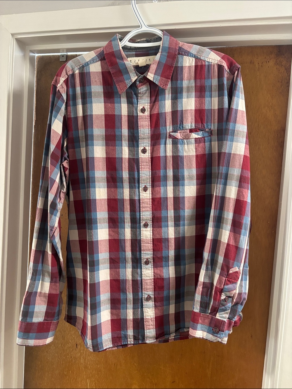 Ezekiel Burgundy and Blue Plaid Cotton Button-Down Shirt
